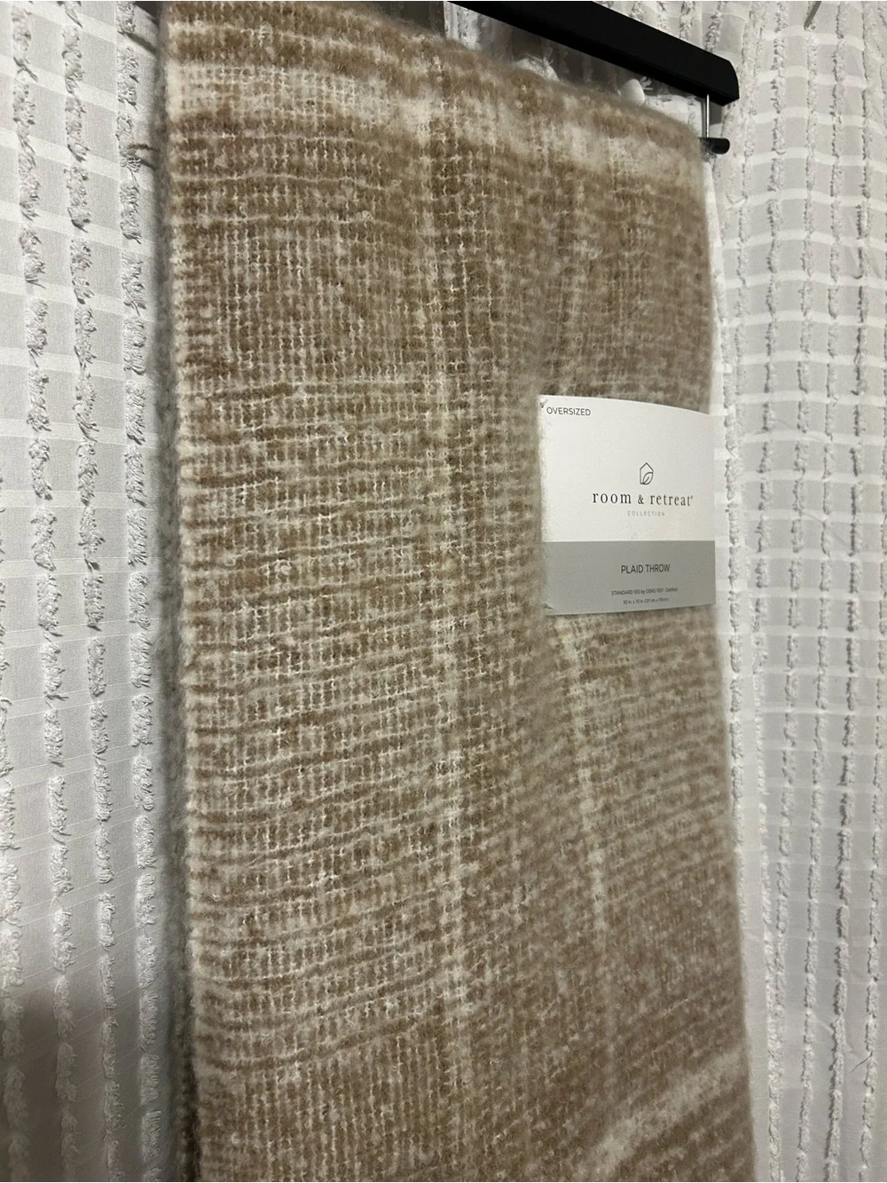 Tan Plaid Throw Blanket with Fringe